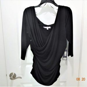 Jennifer Lopez Size XLarge Black V Neck Side Draped Fitted Top 3/4 Sleeves, NWT